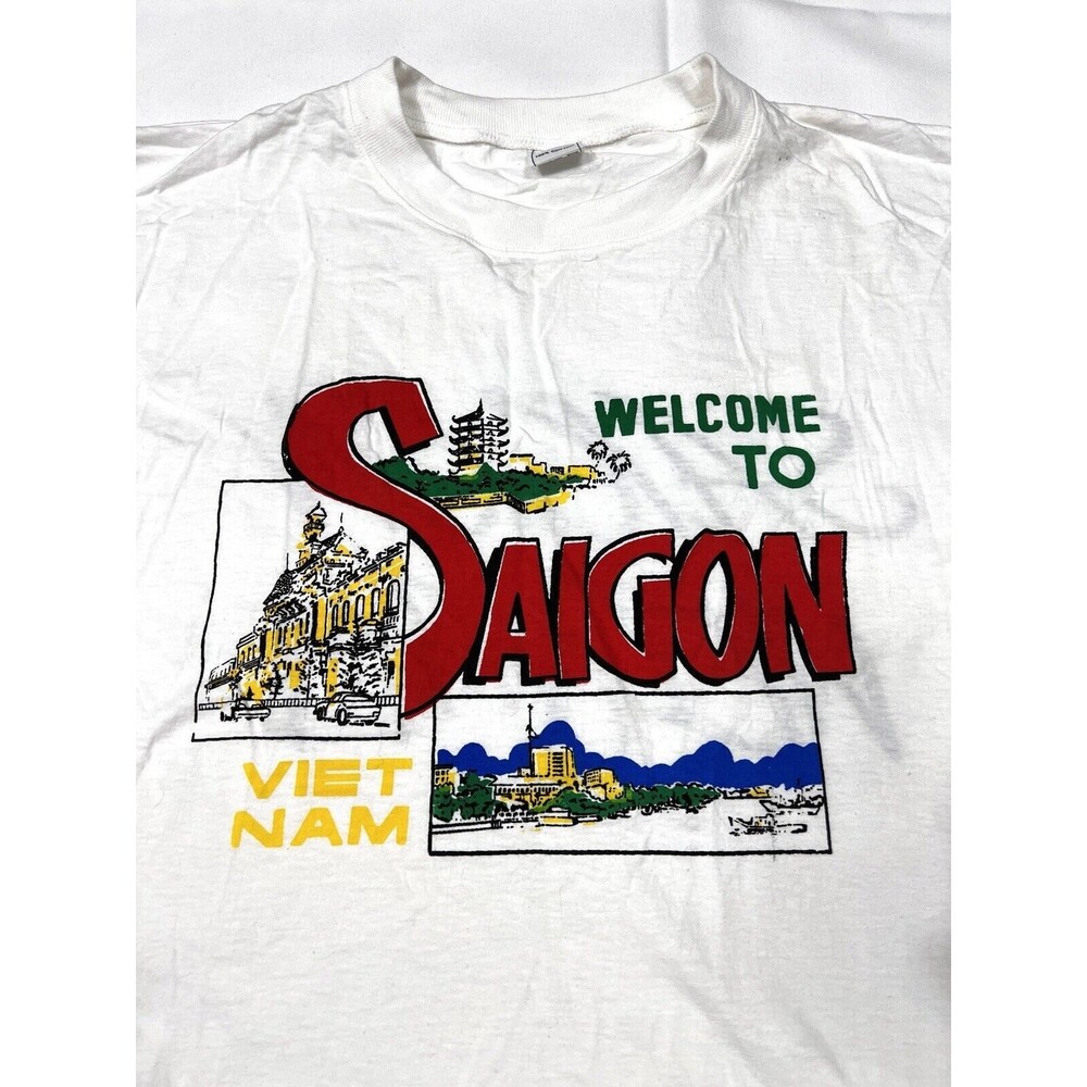 Vintage Welcome To SAIGON VIETNAM Graphic Single Stitch White Tee Shirt Size L